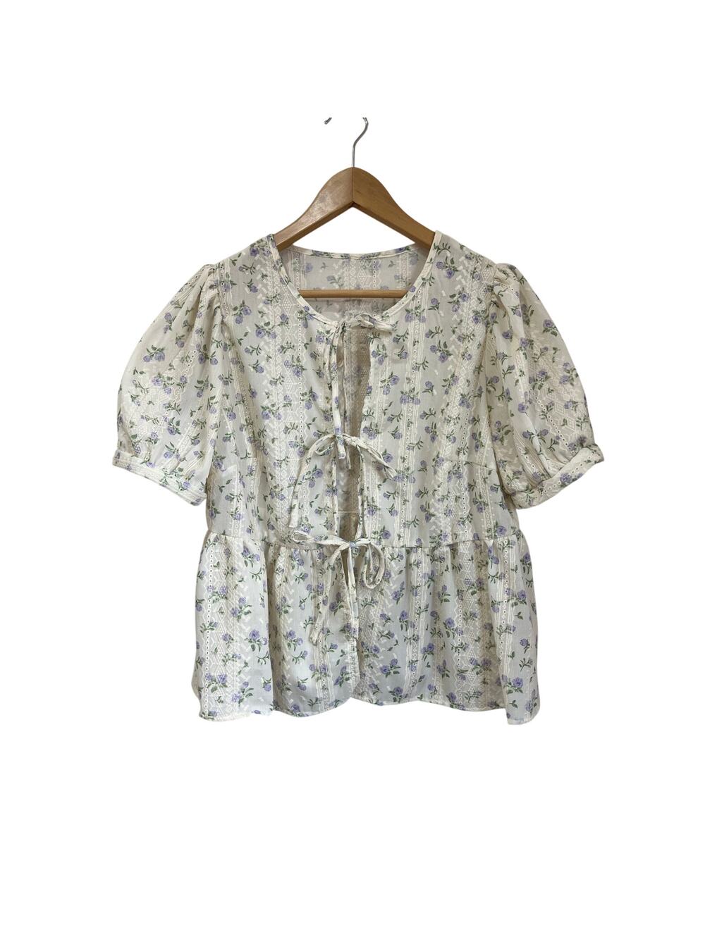 SHEIN Curve Cottagecore Floral Tie Front‎ Puff Sleeve Blouse Romantic Size XL